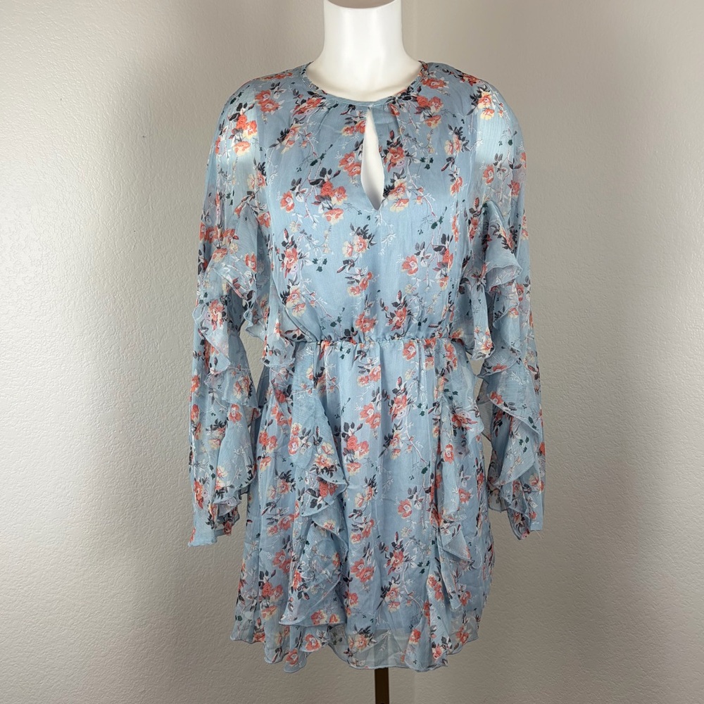 Fanco Light Blue Floral Chiffon Ruffled Mini Dress